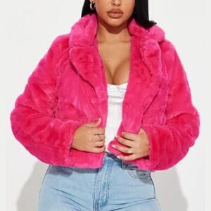 Forever 21 Hot Pink Faux Fur Fuzzy Cropped Jacket Size M